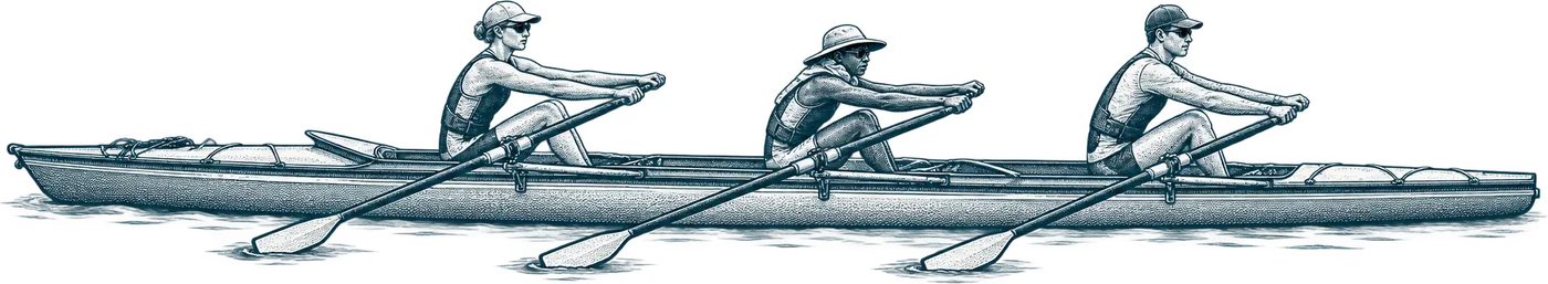 Three rowers in a RowSafari triple scull