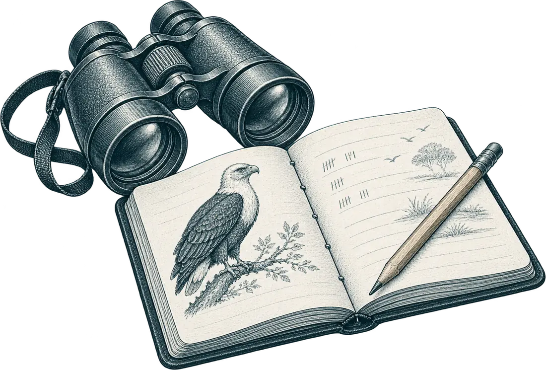 Binoculars and a field notebook with a fish eagle sketch